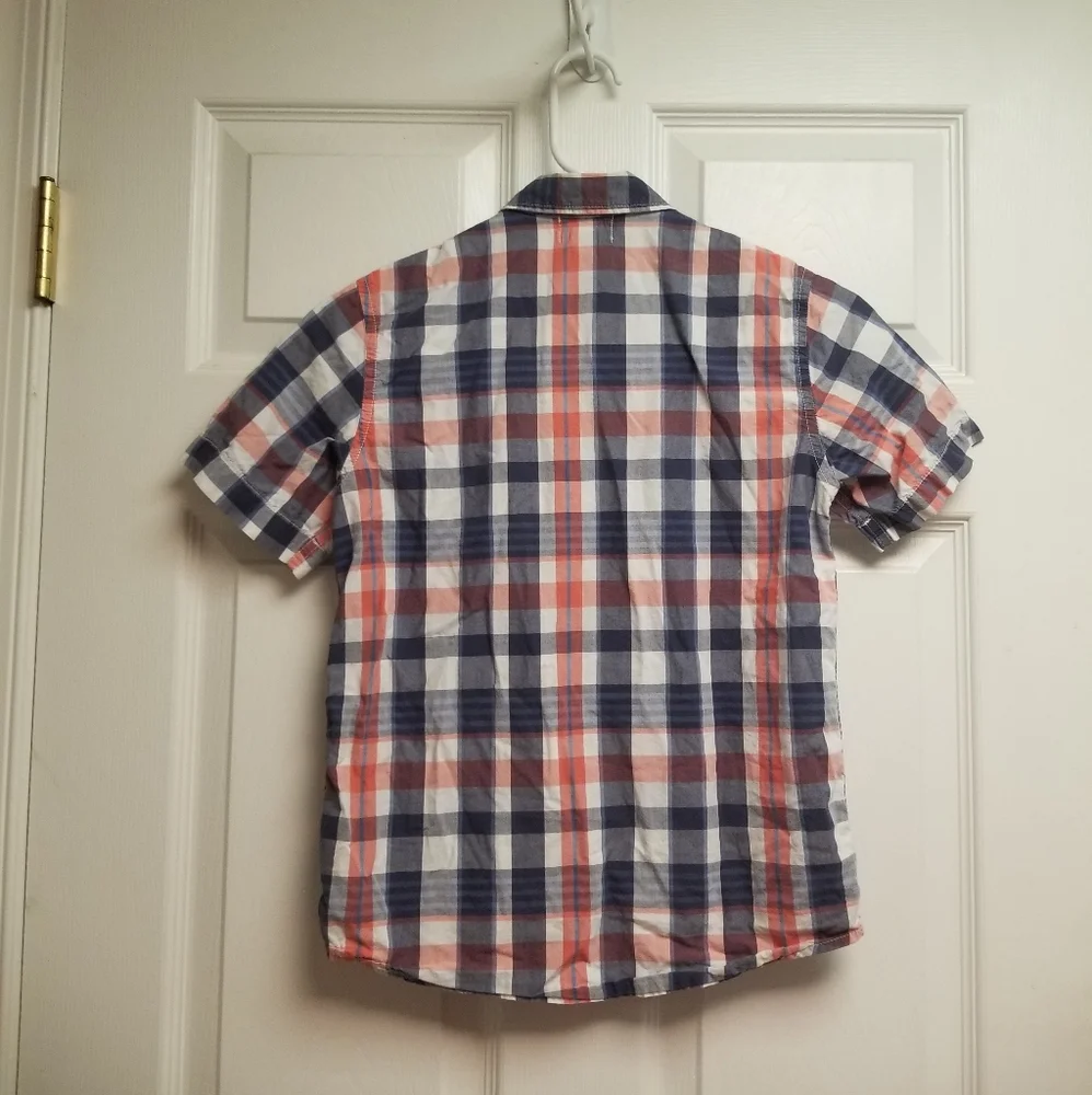 Old Navy Red & Blue Plaid Striped Print Short Sleeve Button Down Preppy Polo